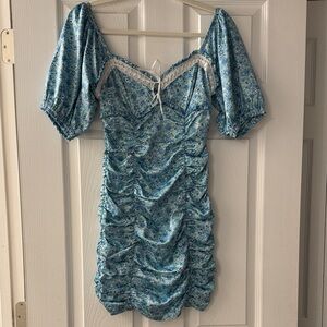 For Love & Lemons Blue Floral Ruched Mini